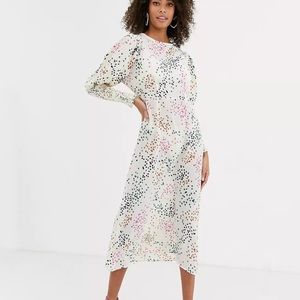 Never Fully Dressed Shirred Sleeve Midi Dress Contrast Cream Polka Dot Size 6